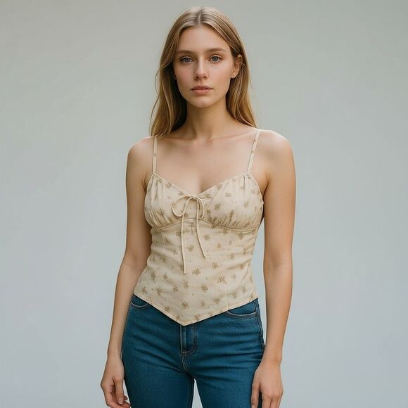 Backyard Roses Tops - Floral Print Corset Cami Yellow Top Tie Front Spaghetti Strap Tank Y2K Boutique